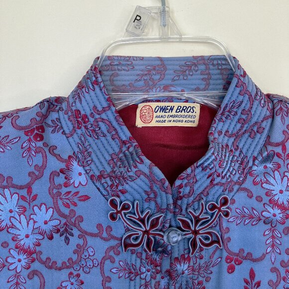Owen Bros Brocade Oriental Jacket Pockets Blue Satin Vintage QiPao CheongSam - Picture 6 of 8